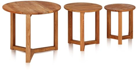 KHG Couchtisch 3er-Set geöltes Massivholz Eiche runde Tischplatte | Natur-braun Kufen-Gestell klassisches Sofatisch-Set belastbar 50 kg langlebiges Holz rustikales Design zeitloses