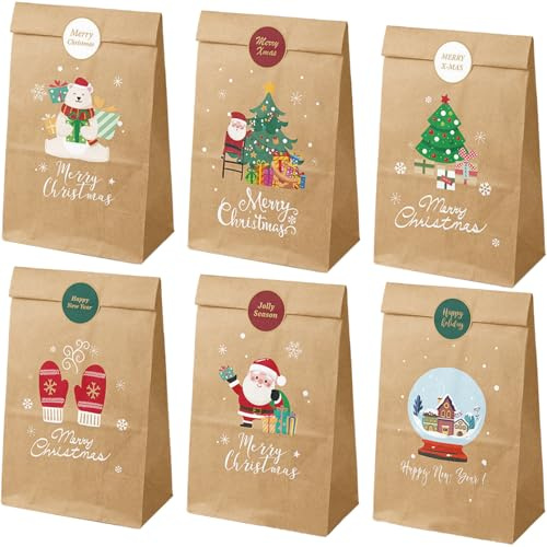 Dohe - Sacs Cadeaux de Noël (12 pcs) - Papier Kraft Marron, 12 Autocollants de Fermeture, Petit Format 12x22 cm, 6 Designs, Réutilisables pour Fêtes, Anniversaires, Bonbons, Biscuits, Friandises