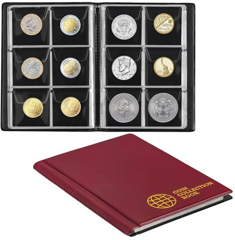 Münzsammelalbum 60 Taschen - 4,5x4,5 cm / 1,8x1,8 Zoll Münzhalter Buch Münzlager Album Geld Penny Tasche für Sammler Röte CS0106RE
