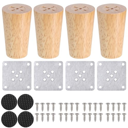 Zocipro 4Pcs Wooden Furniture Legs, 8cm Solid Wood Replacement Sofa Legs Straight Cone Furniture Feet, Chair Leg with Screws Mounting Plate and Anti-Slip Pads for Couch Table Dresser Bed