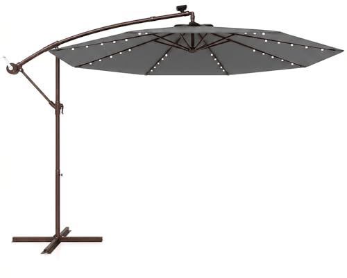 GOPLUS Sombrilla Terraza Exterior 3x3 m con 40 Luces LED Solares, Parasol Excentrico Inclinable con Pie y 8 Varillas, Resistente al Viento y GuardaSol (sin Base con LED, Gris, 3 M)