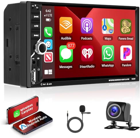 Motorsi Wireless Carplay 2 Din Autoradio, Bluetooth Android Auto Stereo con Schermo 7 HD Touch Screen Car Radio, Bluetooth 5.1 MirrorLink FM USB AUX-IN 7 Colore Backlight + Telecamera Posteriore