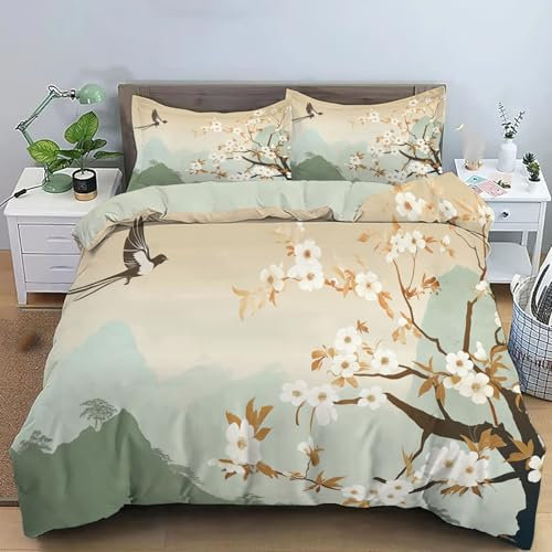 Albaricoque Amarillo Urraca Flor De Ciruelo Juego De Ropa De Cama, Tradicional Chino Funda De Edredón Y Funda De Almohada, Hipoalergénico Juego Sábanas De Cama, Fácil Cuidado, Finura Suave（220X240Cm）