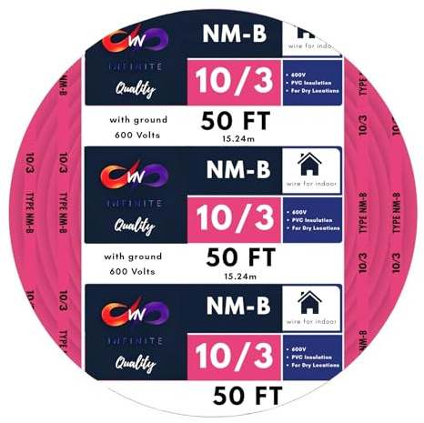 VN Infinite quality 10/3 NM-B Copper Electrical Wire 10 Gauge, 3 Conductors with Groun Non-Mettalic, Sheathed Cable, Residential Indoor Pink 50 FT