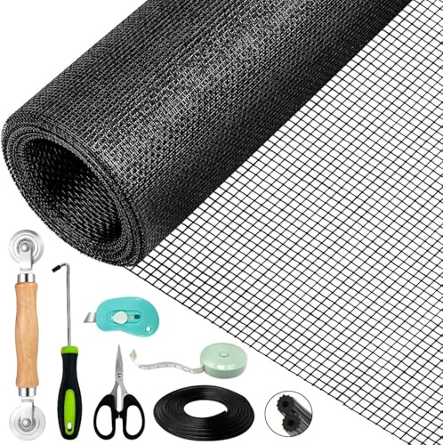 liegengitter für Fenster(300 x 120cm - Schwarz), Schneidbar, Reißfest | Fliegengitter Reparatur Set, Insektenschutz für Fenster mit Kederband/Doppelrad Seinroller/Kleines Messer/Haken/Maßstab