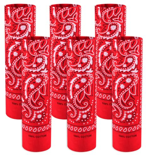 BOUBONI 6 Pack 100% Cotton Bandana Paisley Bandanas Head Ccarf Headband Neckerchief Scarf Handkerchief for Women Men (6, Red)