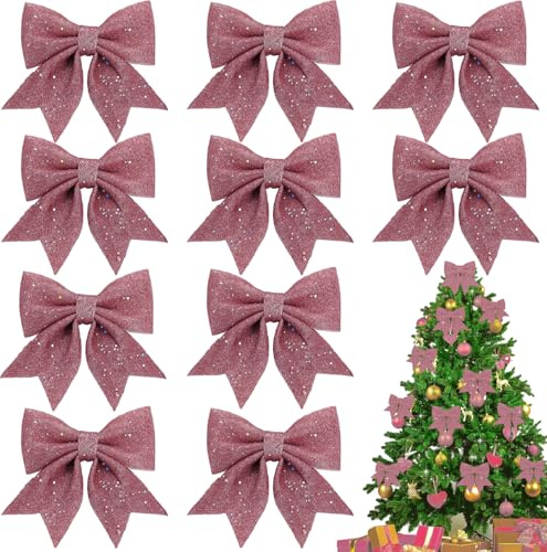 10 Stück Rosa Schleifen Weihnachten, Christbaumschmuck Rosa Geschenkschleife Glitzer Deko, Schleifen Weihnachtsbaum, Weihnachtsschleifen für Zuhause Hochzeit Weihnachtsfeier Deko(14x15cm)