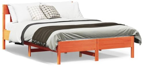 Qnhdfrt Massivholzbett Kiefer 150x200 cm Wachsbraun mit Sperrholzlatten Rustikales Design für Erholsamen Schlaf Gästebett und Familienbett