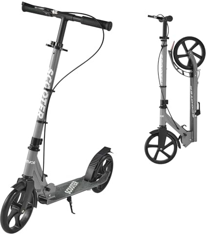 VEVOR Patinete para Niños a Partir de 8 Años, 2 Ruedas, con Manillar Regulable en Altura y Base Antideslizante, Freno de Mano, Marco de Aleación Aluminio, hasta 100 kg, Gris, 900 x 380 x 1000 mm