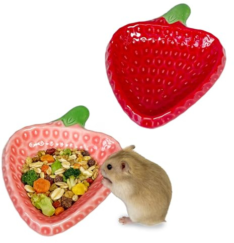 Acsist 2PCS Hamster Bowl, Hamster Food Dish Ceramic Food Water Feeding Bowl Small Animal Bowls for Gerbil Rat Mice Hedgehog (Strawberry)