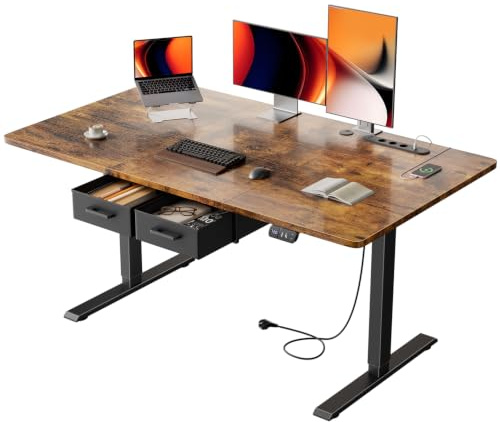 SOLAVERO Elektriskt Skrivbord 140 x 80 cm, Höj och Sänkbart Skrivbord med Integrerat Uttag och USB-C Port, Standing Desk med 2 Avtagbara Lådor, 2 Minnesinställningar, Vintage Brown