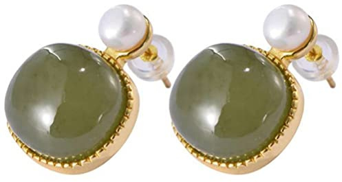 TTDGYYXW Boucles d'oreilles en Argent Sterling S925 plaqué Or avec Perles de de Jade Naturel pour Femmes Boucles d'oreilles Individuelles à la Mode Boucles d'oreilles en Argent pour