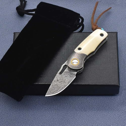 Couteau pliant de 3,7 - Petit couteau de poche damassé en os de bœuf - Acier damassé - Couteau de chasse tranchant - Couteau de survie - Couteau de chasse - Mini couteau de survie
