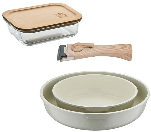 Bergner Click&Cook Juego de 2 Sartenes Ø22Ø26cm Aluminio fundido Blanco con Mango desmontable+Hermético de 650ml en vidrio de borosilicato