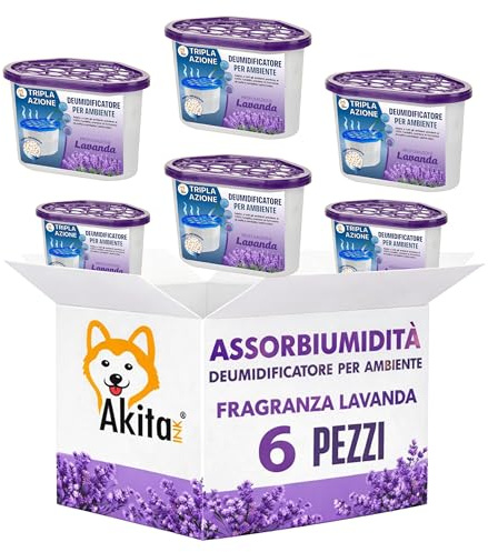 AkitaInk Deumidificatori Profumati per Ambienti - Set da 6 Pezzi Assorbiumidità per Casa, Bagno e Armadi, Azione Antiumidità e Deodorante - Disponibili in Diverse Fragranze (Lavanda)
