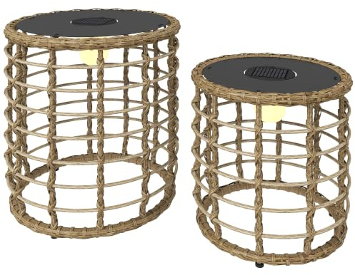 Outsunny Solar Stehlampe 2er Set Rattan Solarlampen mit Lichtsensor | LED Solarleuchte, Boho-Stil, IP44 Spritzwassergeschützte Solarlampe, Outdoor Lampe, Solarlaterne, für Garten Balkon Hof