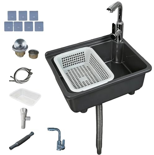 BRGD Fregadero de Cocina de un Solo Cuenco, 43 x 32.5cm Lavabo de Pared con Grifo de Aluminio para Agua Fría y Caliente, Bandeja Antigoteo y Kit de Montaje para Restaurantes