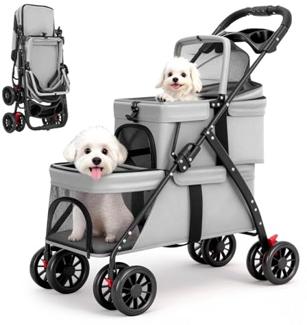 Carrito de 2 pisos para perros y gatos, con ruedas, freno de pie y bolsa de almacenamiento, permite la alimentación al aire libre con ventana de malla plegable
