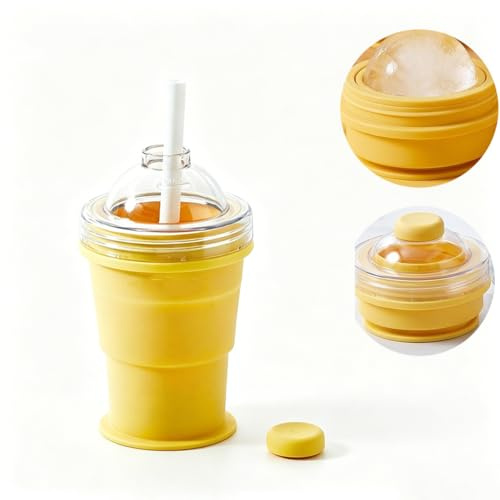 Mtbricey Máquina de bolas de hielo de silicona 2 en 1 y taza para beber, molde de esfera de hielo plegable con tapa y popote, taza de café a prueba de fugas, vaso portátil reutilizable para whisky