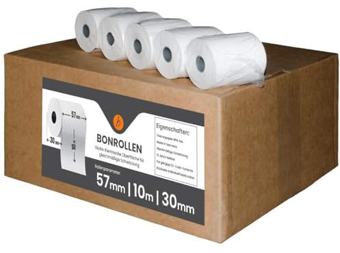100 Stk. Thermorollen | 57x10x12 mm Ø30mm | Länge: 10 m | BPA frei | für EC Cash Geräte Rollen | Thermopapier made in Germany | HUTNER