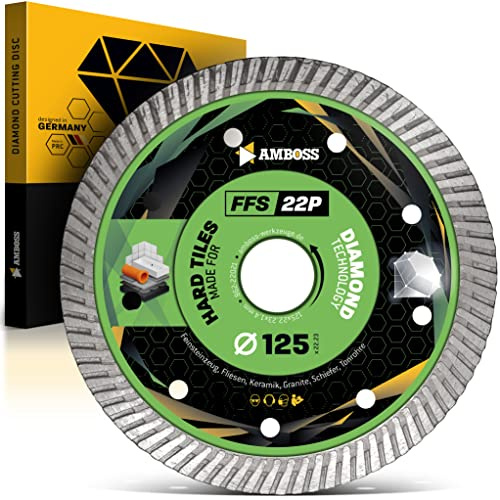 Amboss FFS 22 - Diamant-Trennscheibe Ø 125 mm x 22,2 mm - Hartes Feinsteinzeug (bis 1,2 cm) / harte Granite/Schiefer/Fliesen/Tonrohre/Fiberglas | Segmenthöhe: 10 mm