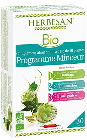 HERBESAN – PROGRAMME MINCEUR BIO – 3 phases : Détox, Minceur, Brûle-Graisse – Fabrication française – 10 plantes – Action complète – 30 ampoules de 10 ml