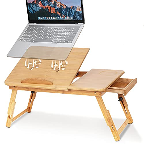 Plateau Réglable pour Ordinateur Portable de Lit Lapdesk en Bambou, Table d'Ordinateur Portable Pliante Portable avec Tiroir et Trous de Refroidissement, Canapé-Lit Plateau de Repas de Travail