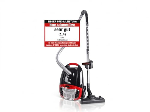 Fakir Red Vac Power Staubsauger mit Beutel 700W, Bodenstaubsauger mit Kabel, HEPA H13 Filter, sehr leisem Hocheffizienzmotor 69dB(A), großem 3l Staubbeutel & 9m Aktionsradius, Schwarz/Rot