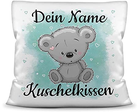 Print Royal Kissen mit Füllung für Kinder - Tiermotiv Teddy - für Mädchen und Jungs - mit Wunschname beschriften - Teddy grau - Kissen Polyester - Weiß, 40 x 40 cm