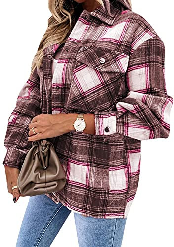 Onsoyours Camicia A Quadri per Donna A Maniche Lunghe con Bottoni in Flanella Morbida Giacca Cappotto Camicia A Plaid Casual Moda C Rosa L