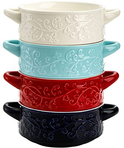 Okllen 4 Pack Ceramic Soup Bowls with Handles, 20 Oz Glazed French Onion Soup Bowls Embossed Cereal Bowls, Stackable Serving Bowls for Stew, Pasta, Chill, Oven Dishwasher Safe, 4 Colors