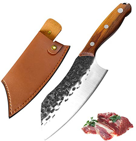 Fubinaty Kochmesser Fleischerbeil Handgefertigtes geschmiedetes Metzger-Ausbeinmesser Kohlenstoffstahl-Küchenmesser mit Holzgriff und PU-Lederscheide für Zuhause, Restaurant, Camping, Grill