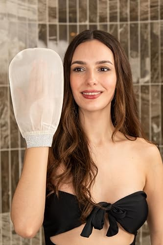 Feel Fine Turkish Exfoliating Mitt – 100% Raw Silk Hammam Kese Glove for Men & Women | Handcrafted Turkish Skin Peeling Scrubber Bath & Sauna Exfoliator (Silver)