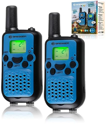 Bresser Junior Walkie-Talkies für Kinder, 2er-Set, Funkgeräte mit sehr hoher Reichweite bis zu 6 km, Frei-Hand-Funktion und integrierter Taschenlampe, Blau