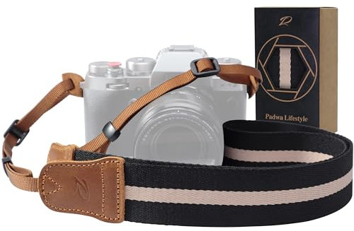 Black Striped Camera Strap - Double Layer top-grain Cowhide Ends,1.5Wide Pure Cotton Woven Camera Strap,Adjustable Universal Neck & Shoulder Strap for All DSLR Cameras,Great Gift for Photographers