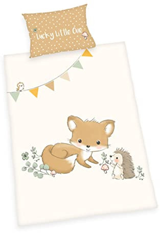 Herding Waldfreunde Bettwäsche-Set, MADE IN GREEN by OEKO TEX, Kopfkissenbezug 40 x 60 cm mit Hoteleinschlag, Bettbezug 100 x 135 cm mit Reißverschluss, 100% Baumwolle/Renforcé, Weiß/Braun