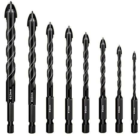 KEWAYO Punte per Trapano in Vetro 8pezzi (3-12mm), Punte Trapano per Gres Porcellanato, punta in carburo di tungsteno per piastrelle in ceramica, cemento, muratura, vetro,plastica, legno