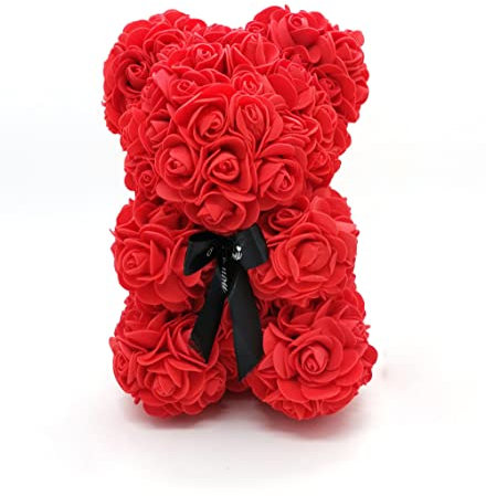 Amtang Rose Flower Bear Artificial Flower Hand Made Bear For Valentine's Day Birthdays Romantic Weddings Christmas Rose Gifts (25cm Red)