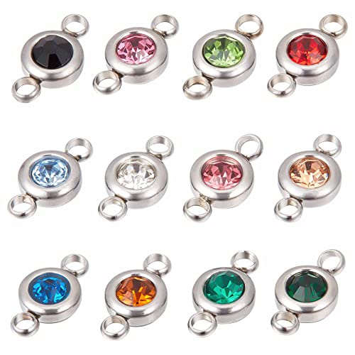 SUNNYCLUE 1 Box 24Pcs Rhinestone Connector Charm Rhinestone Connectors Stainless Steel Link Flat Round Linking Charms for jewellery Making Women DIY Necklace Bracelet Earring Crafts