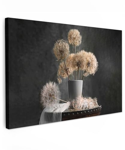 MuchoWow© Leinwand 90x60 cm Deko Schlafzimmer Aesthetic Leinwandbilder Wohnzimmer Gemälde Foto Geschenk Living Room Decoration Blumensamen - Löwenzahn - Vase - Stilleben - Blumenstrauß