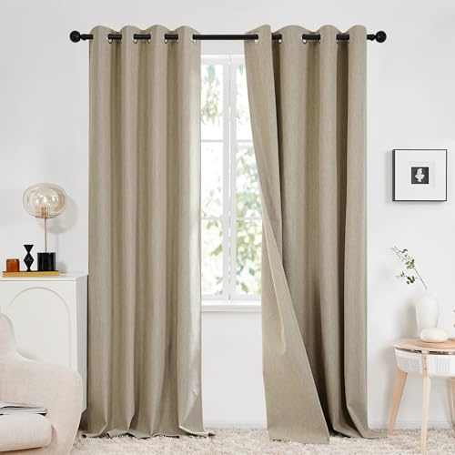 Deconovo 100% Blackout Curtains with Double-sided Faux Linen, Natural Thermal Insulated Curtains for Living Room, 46x90 Inch(Width x Length), Taupe, 2 Panels