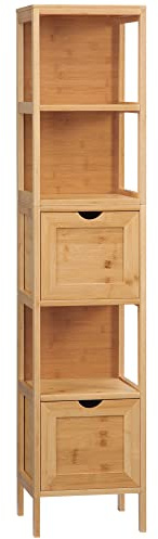 kleankin Badrumspanna skåp hög garderob bambu skåp badrumsförvaring hylla badrum 2 avtagbara lådor och 3 hyllor - naturlig design - 30 x 30 x 140 cm naturlig