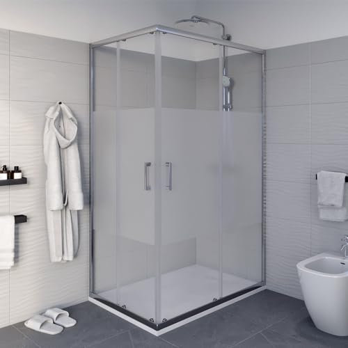 Inbagno Box Doccia angolare 70x100 cm in Vetro serigrafato H 195 cm, 2 Porte scorrevoli con Profilo Cromato e Installazione Reversibile, Icon