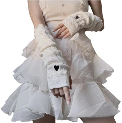 Eominve Y2K Arm Warmers for Women Teens Japanese Harajuke Lolita Cute Knitted Fingerless Gloves Heart Thumb Hole Gloves (White)