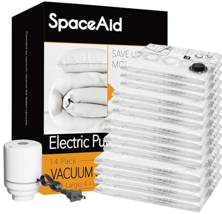 SpaceAid 14 Pack Vacuum Storage Bags with Electric Air Pump, Space Saver Sealer Compression Bags for Comforters, Blankets, Pillows, Bedding, Clothes (4 Jumbo/4 Large/3 Medium/3 Small)