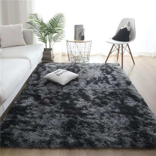 Treer Teppich Wohnzimmer Flauschig, Soft Modern Schick Area Rug Weich Shaggy Teppiche Langflor rutschfest Fellteppich Kunstfell Fell Carpet für Schlafzimmer Nachttisch (Tie-Dye Dunkelgrau,80 * 200cm)