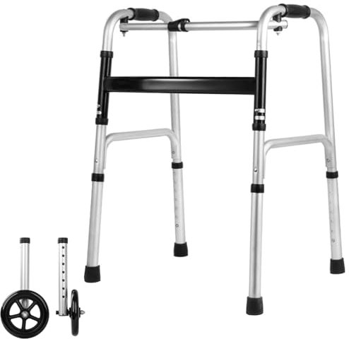 Lightweight Folding Walker for Seniors - 8-Level Height Adjustable Walker with Small Storage Bag, Elderly Walkers with Removable Wheels,Portable Walkers for Senior, 2 Wheels with Bearings, Silver