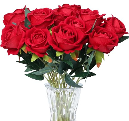SITUMEIZI 15PCS Red Artificial Roses Silk Flowers Fake Roses Realistic Bouquet Long Stem with Gift Box for Mother's Gift Day Home Party Wedding Decorations