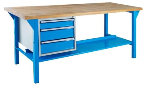 Steinbock Werkbank 3 Schubladen | 150x85x75 cm | 500 kg | Blau | 500 kg Tragkraft | 5 cm geölte Massivholz-Arbeitsplatte aus Buche | stabiles Stahlgestell | Werktisch | Made in EU