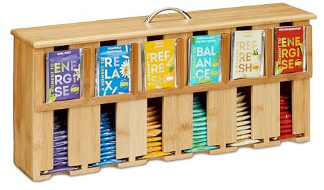 Relaxdays Organizador Bolsas Té, 6 Compartimentos, Almacenamiento Infusiones, Bambú, 22x46,5x10,5 cm, Natural/Plateado